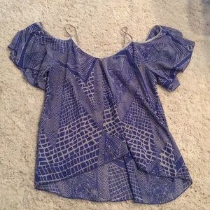 Blue patterned off the shoulder tank